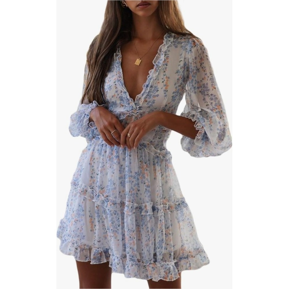 DOKOTOO Floral Mini Dress Ruffle Trim Open Back Long Sleeve XS NWT